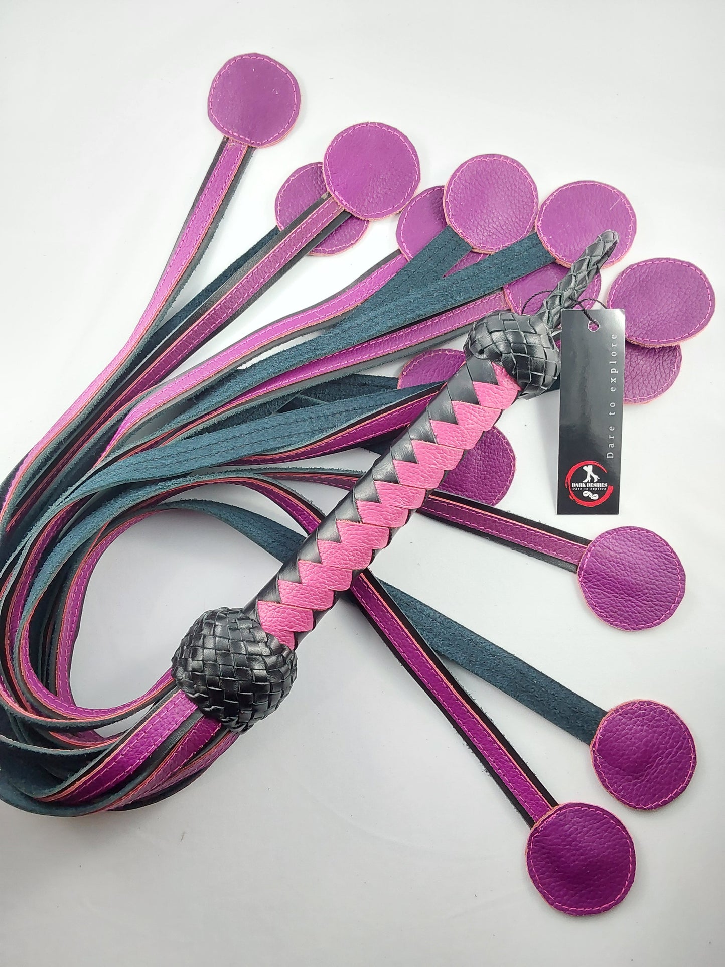 Hand Crafted Leather Donut Shaped Flogger. Handle length 20cm. Length 50cm. Woven Leather. 370g