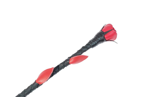 Hand-Made Leather Rose Riding Crop – Black Stem with Blue Rose, Stitched