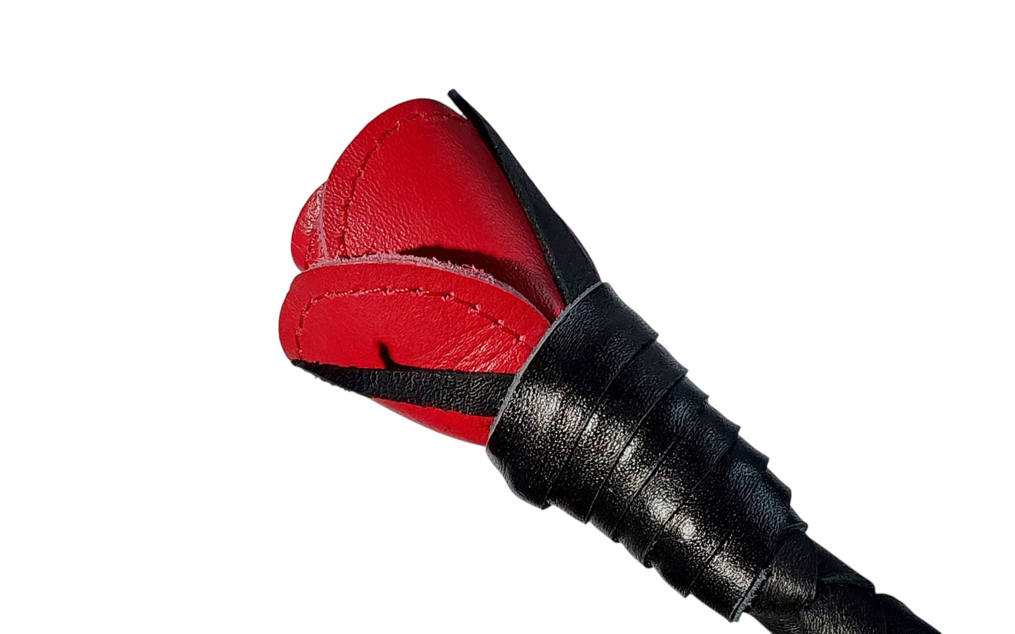 Luxury hand-made leather rose riding crop with black stem & stitched red rose. 680 mm, fiberglass core, 220 g. Perfect for BDSM play.