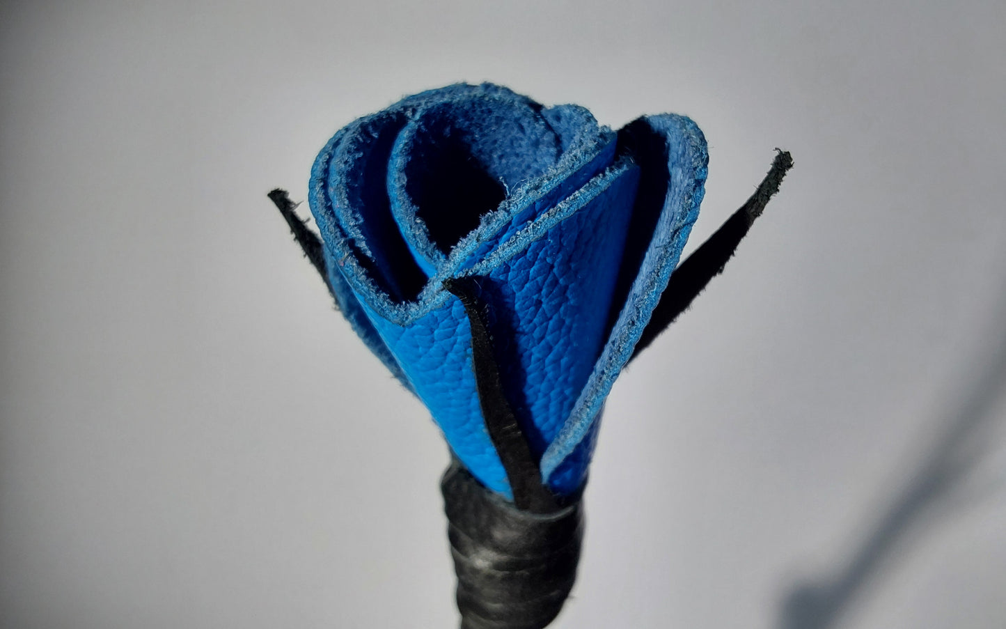 Hand-Made Leather Rose Riding Crop – Black Stem with Blue Rose, Stitched