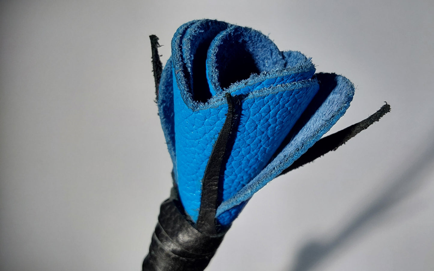Hand-Made Leather Rose Riding Crop – Black Stem with Blue Rose, Stitched
