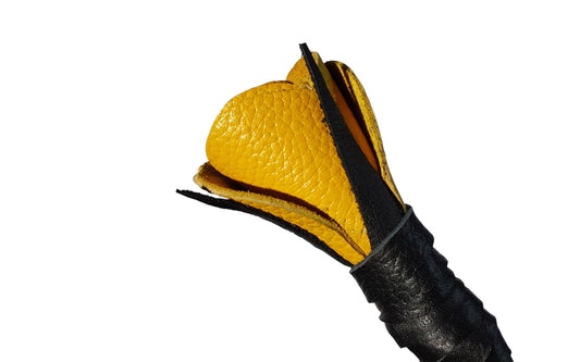 Luxury hand-made leather riding crop with black stem & yellow rose tip. 680 mm, fiberglass core, lightweight and powerful. (Unstitched)