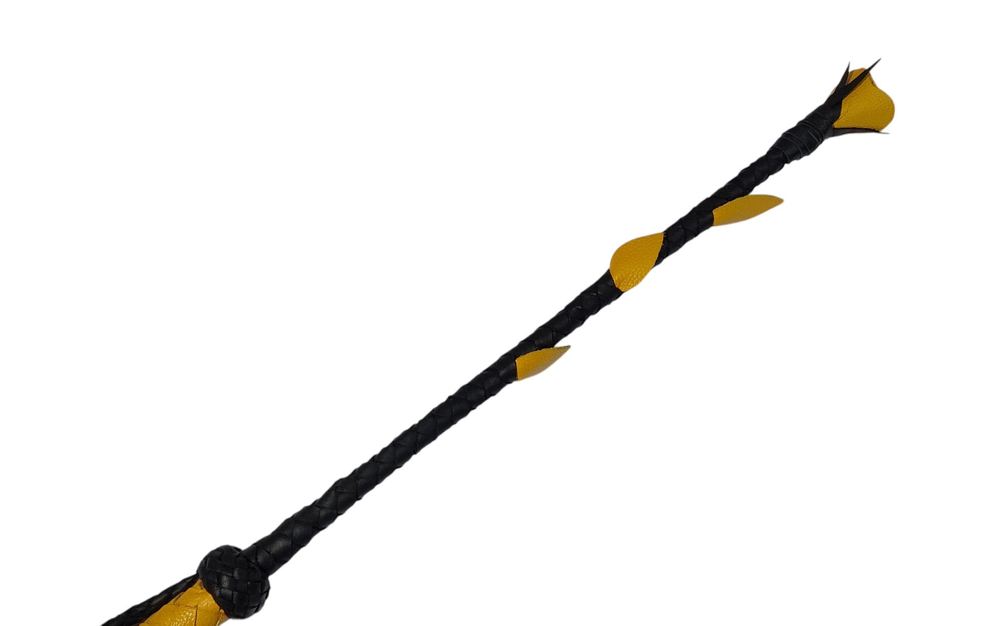 Luxury hand-made leather riding crop with black stem & yellow rose tip. 680 mm, fiberglass core, lightweight and powerful. (Unstitched)