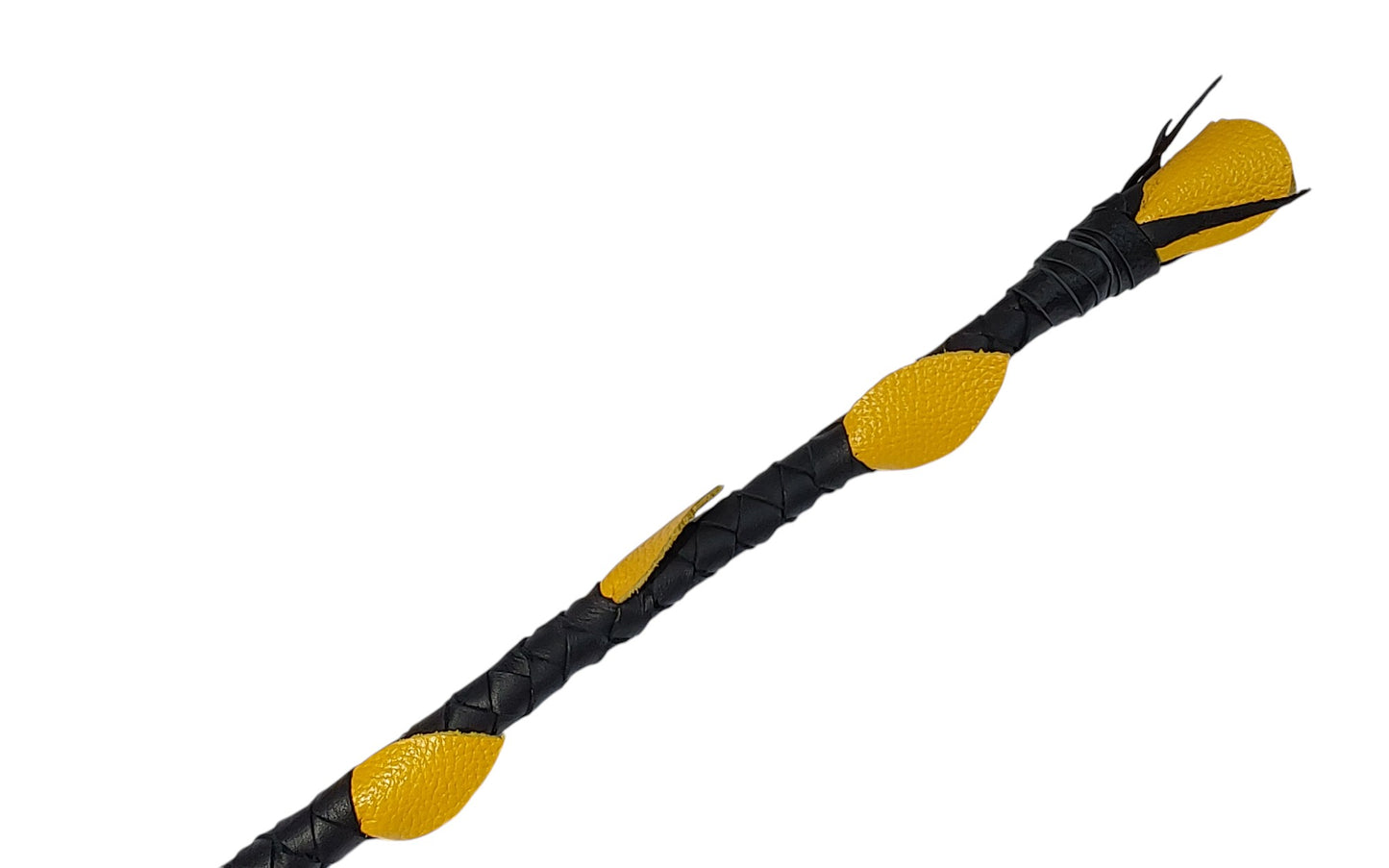 Luxury hand-made leather riding crop with black stem & yellow rose tip. 680 mm, fiberglass core, lightweight and powerful. (Unstitched)