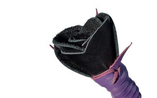 Luxury hand-made leather rose riding crop with purple stem & black rose tip. Fiberglass core, 680 mm length. Perfect for BDSM play.