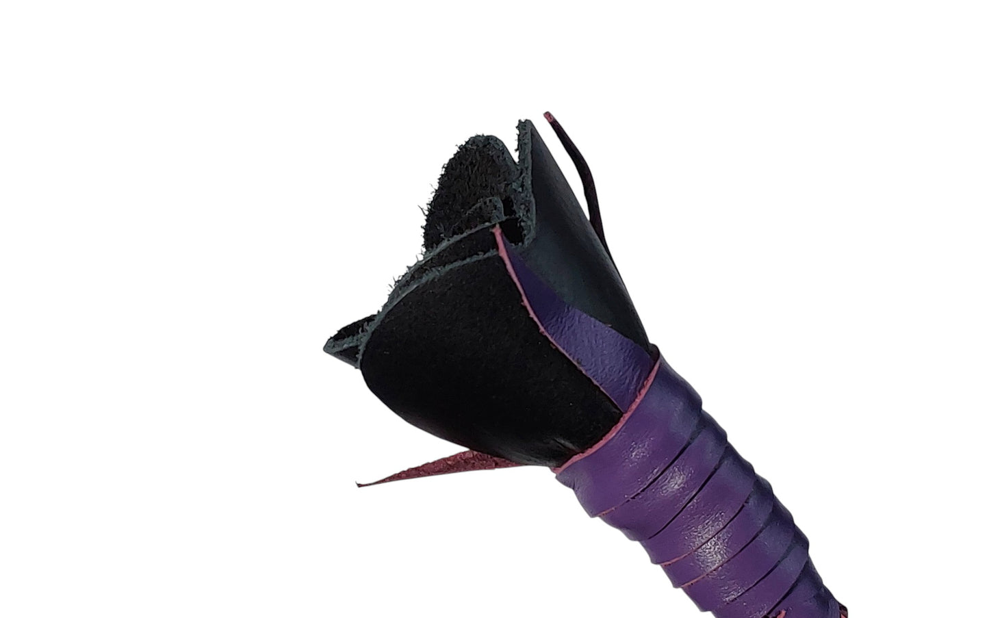 Luxury hand-made leather rose riding crop with purple stem & black rose tip. Fiberglass core, 680 mm length. Perfect for BDSM play.