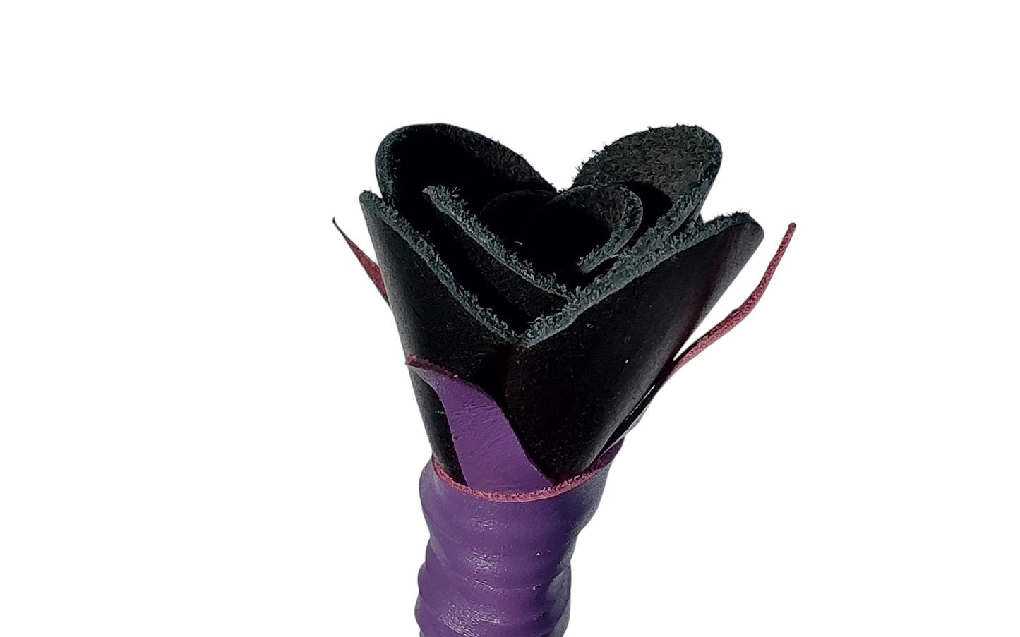 Luxury hand-made leather rose riding crop with purple stem & black rose tip. Fiberglass core, 680 mm length. Perfect for BDSM play.