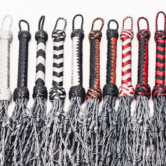 Hand Made Leather Faux Barbed Long Wire Flogger 50cm Long Falls to give that extra reach , Silver