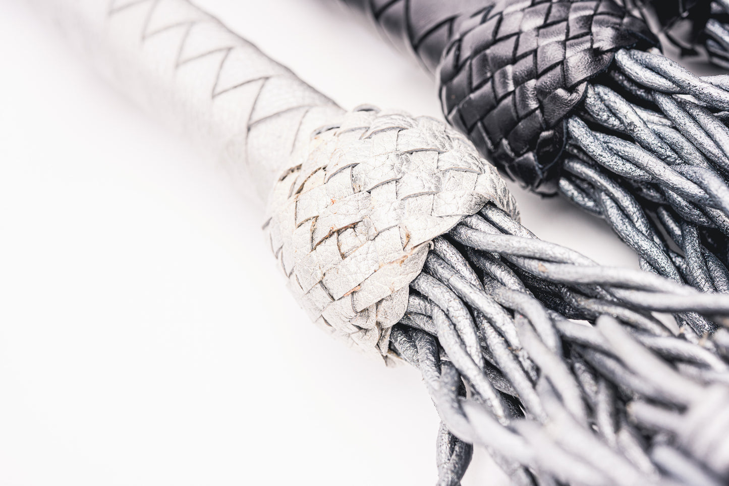 Hand Made Leather Faux Barbed Wire Flogger with Shorter 40cm Long Falls, Silver