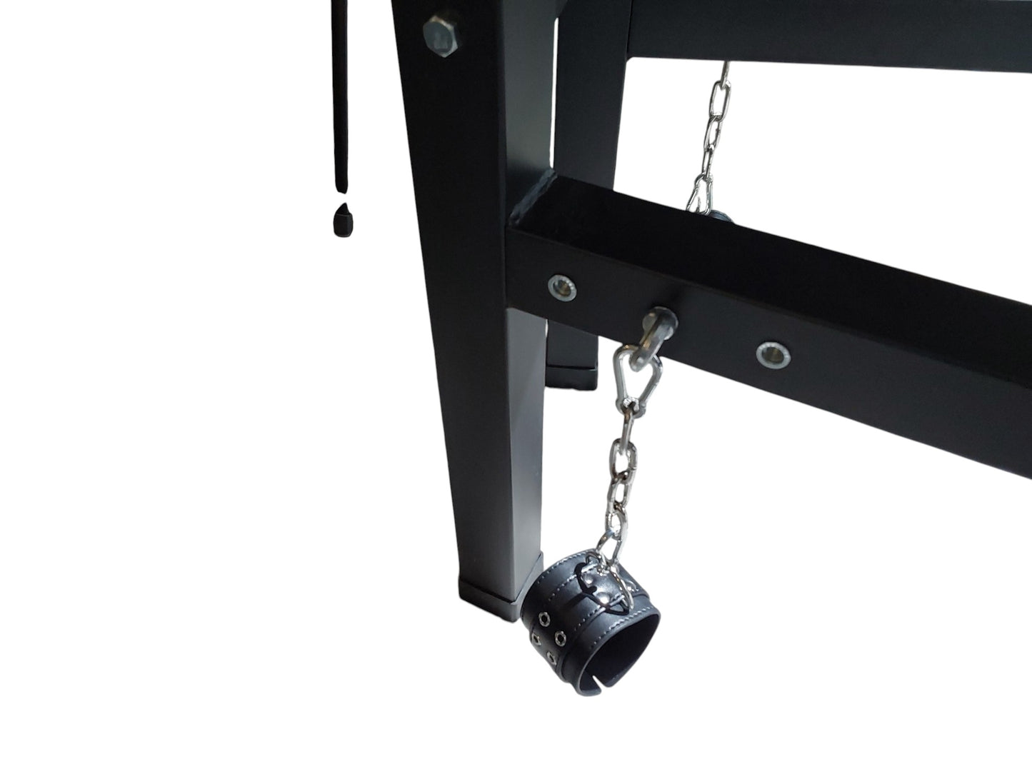 Mature Impact BDSM Spanking Bench Durable Bondage Bench with Shackles, Wrist Cuffs & Chain, Fixed Steel Frame, Black Vinyl Dungeon Furniture