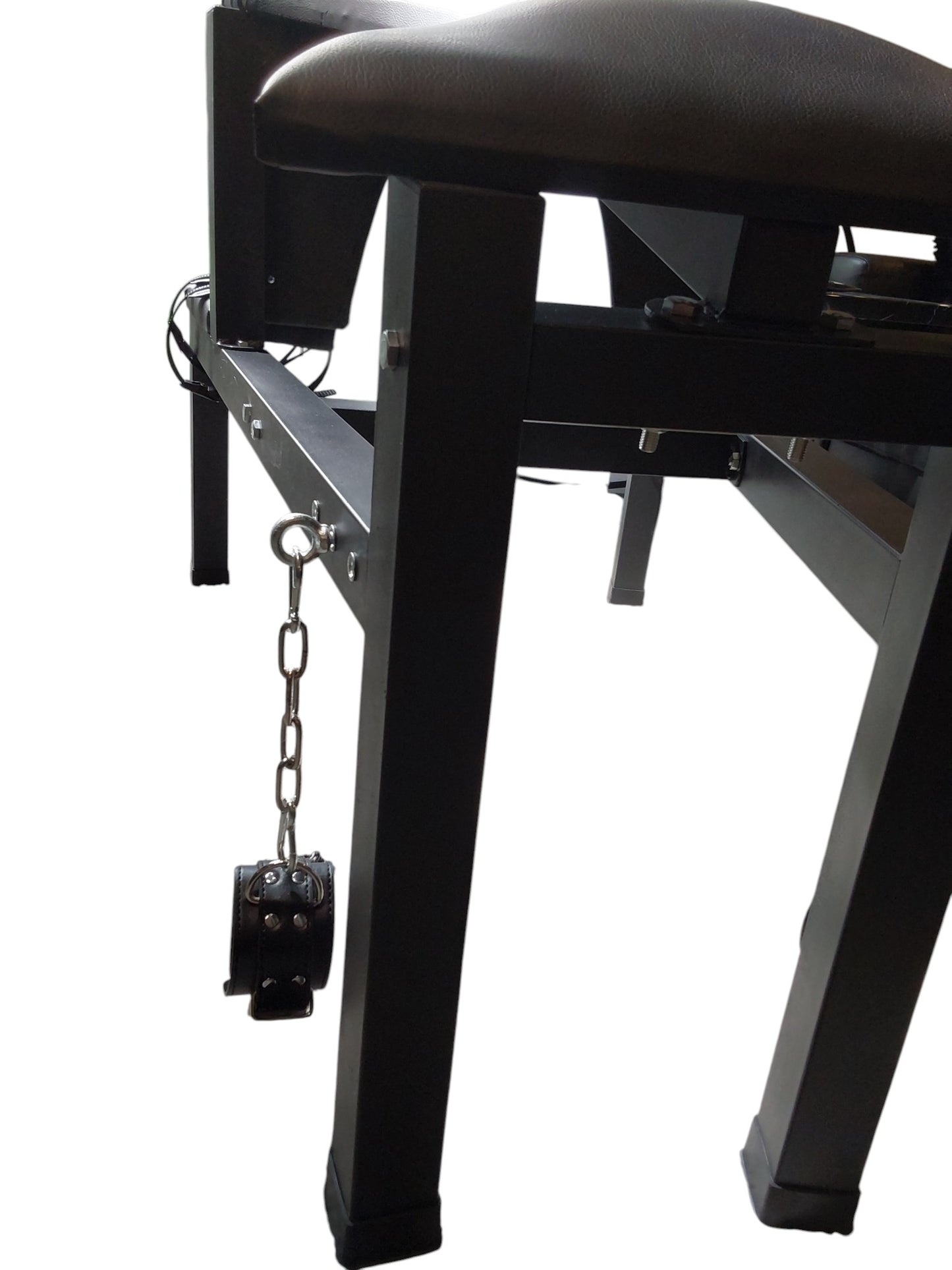 Mature Impact BDSM Spanking Bench Durable Bondage Bench with Shackles, Wrist Cuffs & Chain, Fixed Steel Frame, Black Vinyl Dungeon Furniture