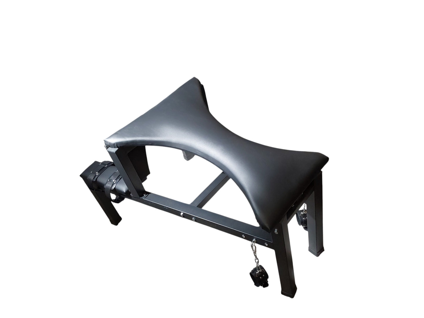 Mature Impact BDSM Spanking Bench Durable Bondage Bench with Shackles, Wrist Cuffs & Chain, Fixed Steel Frame, Black Vinyl Dungeon Furniture