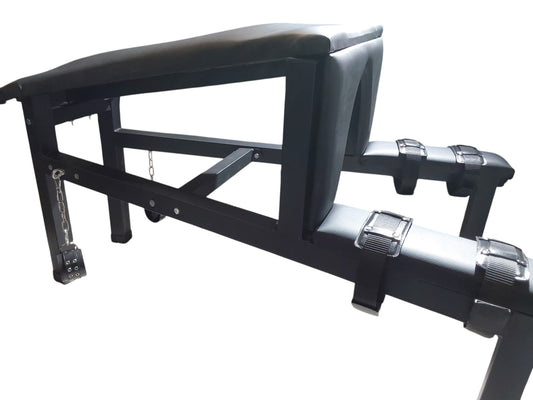 Mature Impact BDSM Spanking Bench Durable Bondage Bench with Shackles, Wrist Cuffs & Chain, Fixed Steel Frame, Black Vinyl Dungeon Furniture