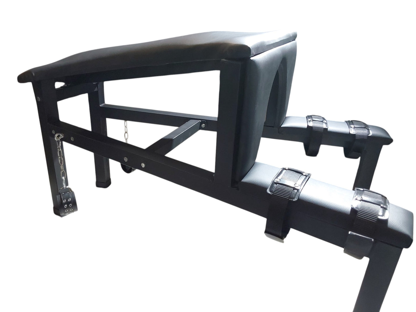 Mature Impact BDSM Spanking Bench Durable Bondage Bench with Shackles, Wrist Cuffs & Chain, Fixed Steel Frame, Black Vinyl Dungeon Furniture