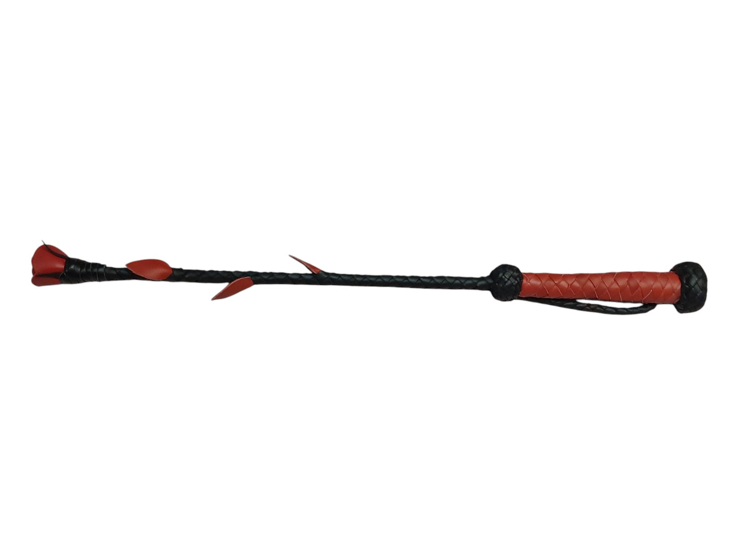 Luxury hand-made leather rose riding crop with black stem & stitched red rose. 680 mm, fiberglass core, 220 g. Perfect for BDSM play.