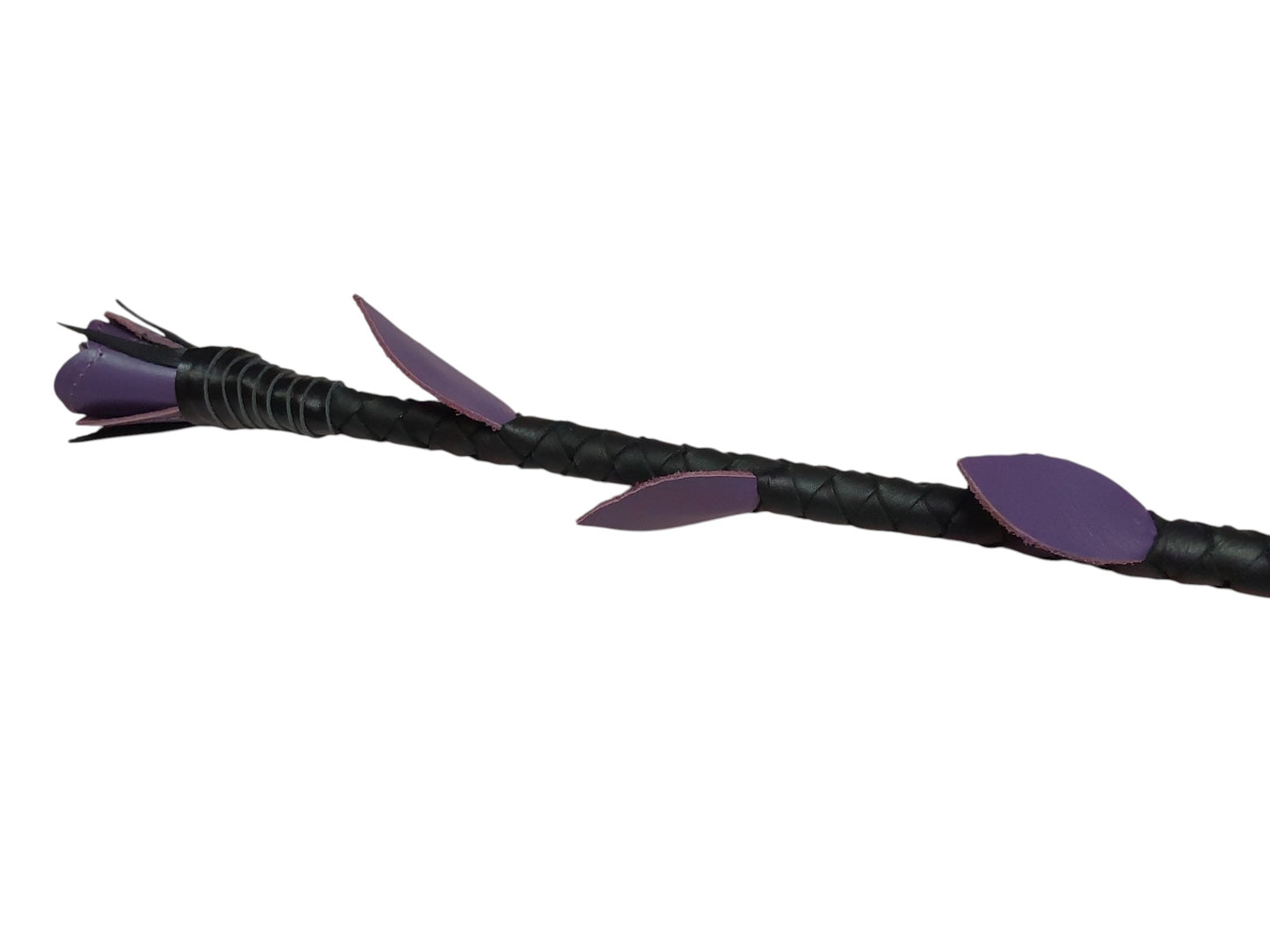 Luxury hand-made leather rose riding crop with purple stem & black rose tip. Fiberglass core, 680 mm length. Perfect for BDSM play.