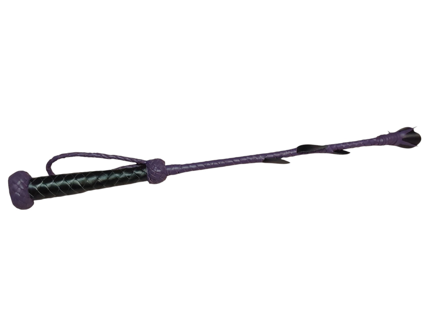 Luxury hand-made leather rose riding crop with purple stem & black rose tip. Fiberglass core, 680 mm length. Perfect for BDSM play.