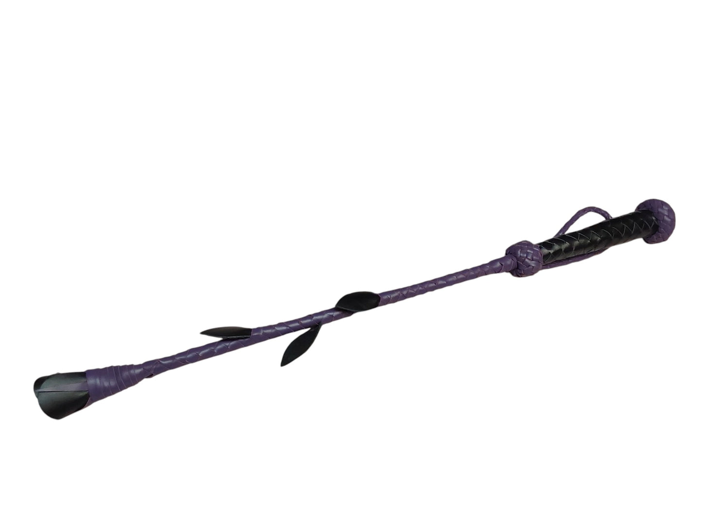 Luxury hand-made leather rose riding crop with purple stem & black rose tip. Fiberglass core, 680 mm length. Perfect for BDSM play.