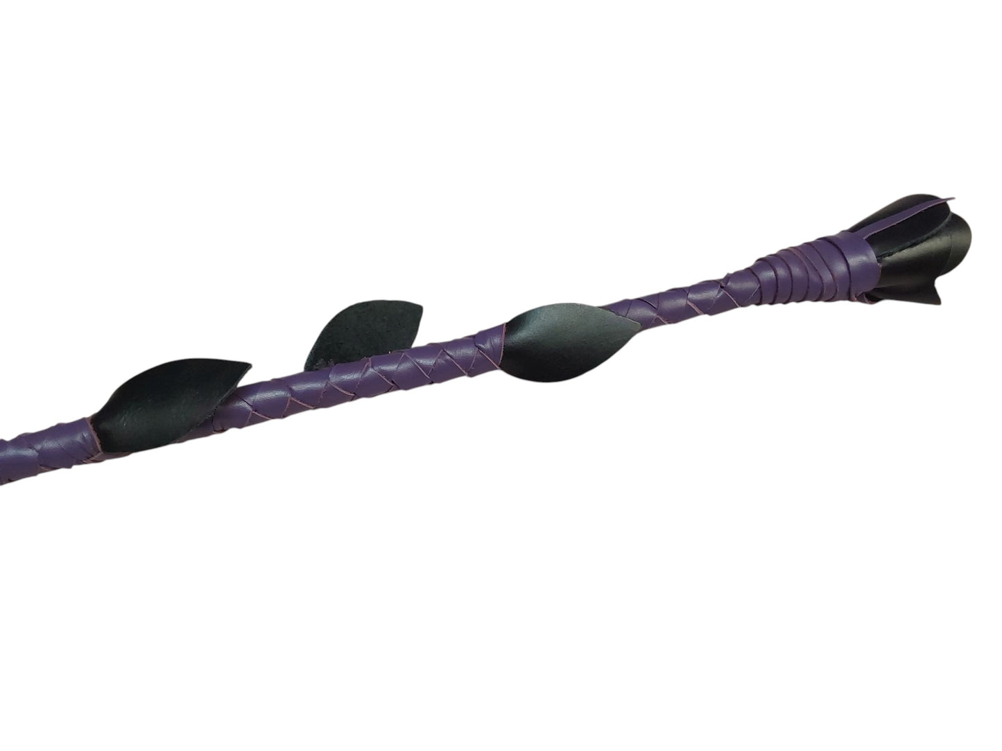 Luxury hand-made leather rose riding crop with purple stem & black rose tip. Fiberglass core, 680 mm length. Perfect for BDSM play.