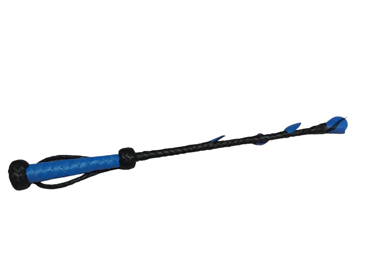 Hand-Made Leather Rose Riding Crop – Black Stem with Blue Rose, Stitched