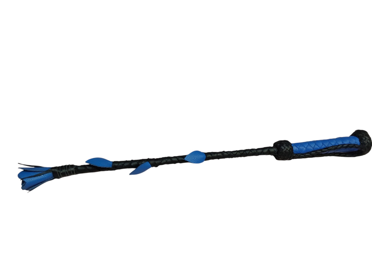 Hand-Made Leather Rose Riding Crop – Black Stem with Blue Rose, Stitched