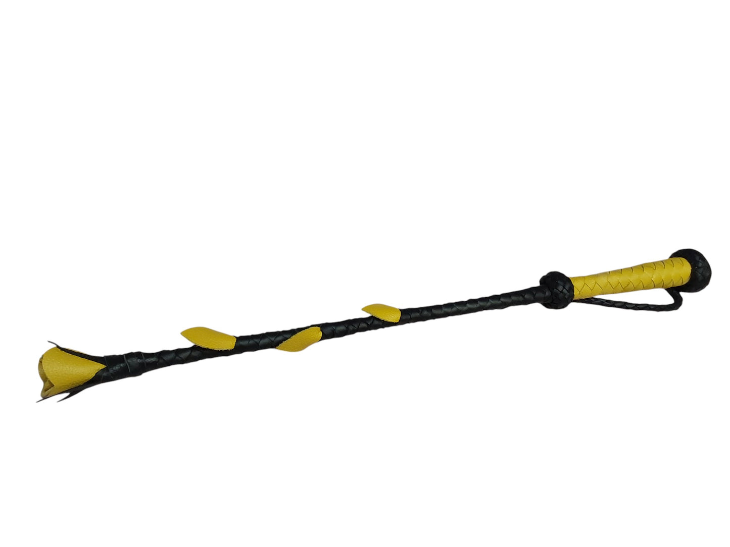 Luxury hand-made leather riding crop with black stem & yellow rose tip. 680 mm, fiberglass core, lightweight and powerful. (Unstitched)