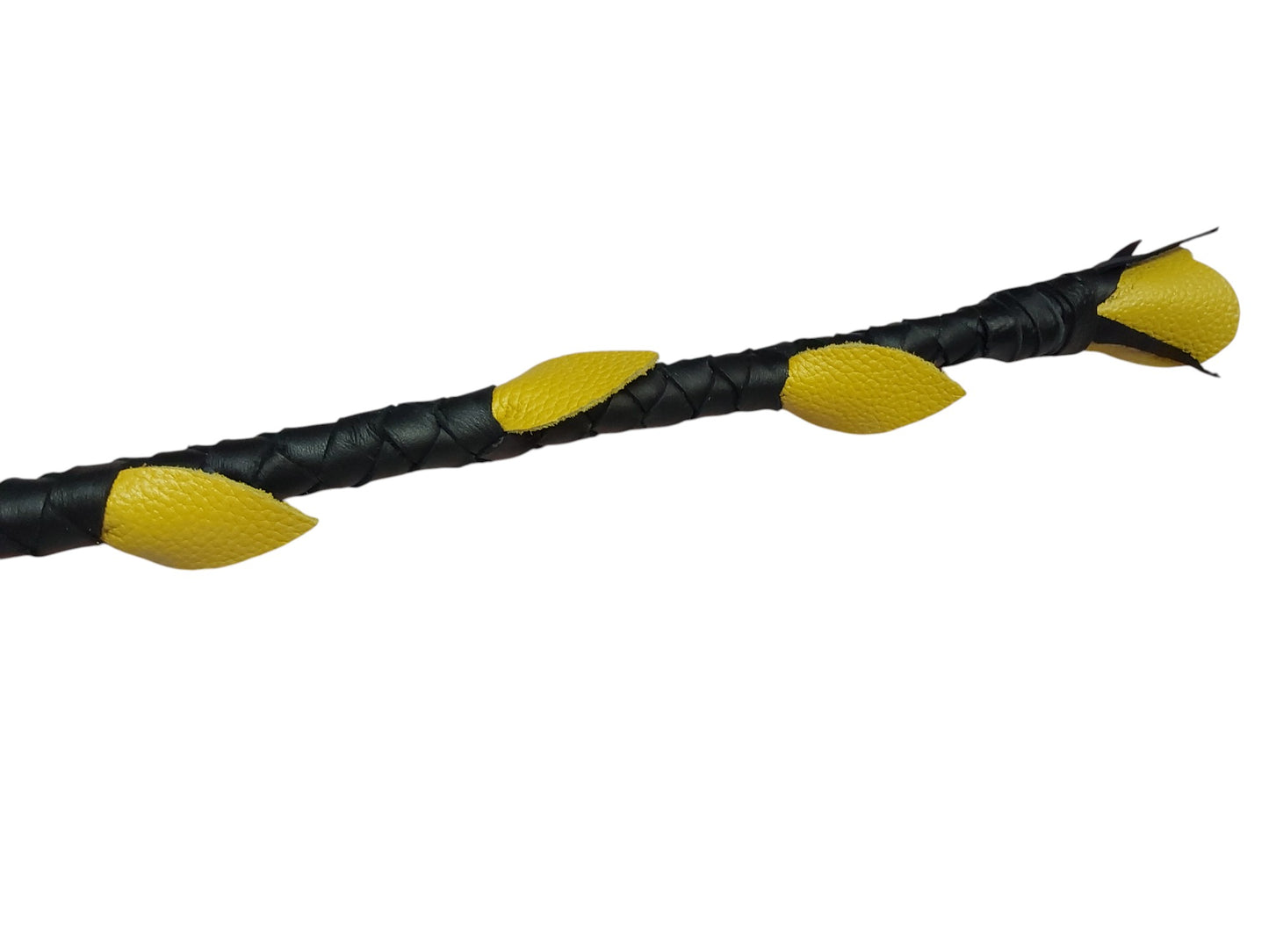 Luxury hand-made leather riding crop with black stem & yellow rose tip. 680 mm, fiberglass core, lightweight and powerful. (Unstitched)