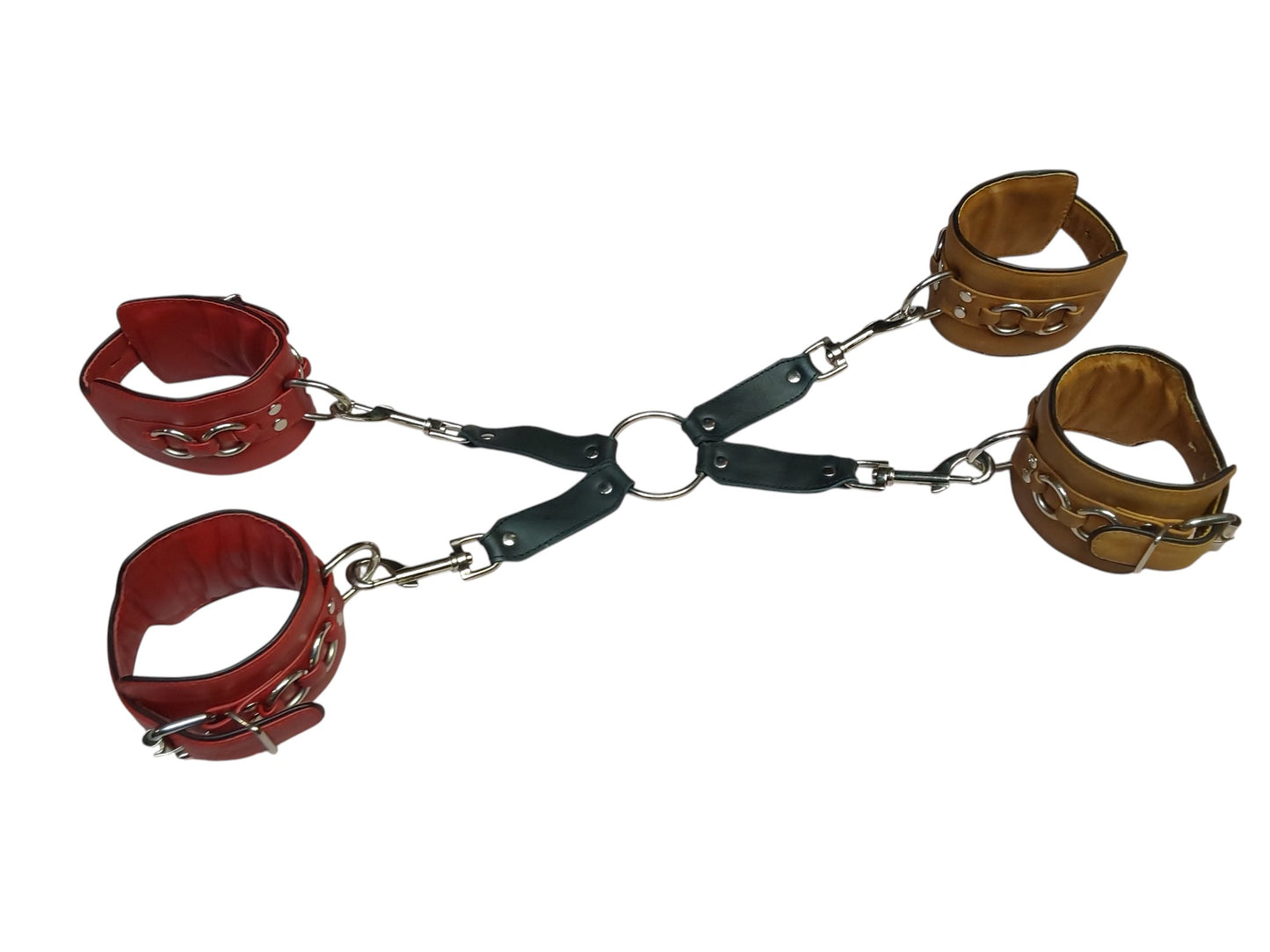 Hand Made Leather Hogtie, Short Length BDSM Restraint. 1 Central Ring and 4 Buckles