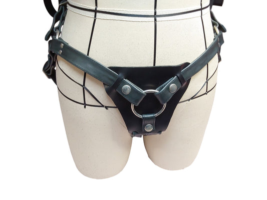 Handmade Black Leather Strap-On Harness — Removable 50 mm Ring, Adjustable Leg & Waist