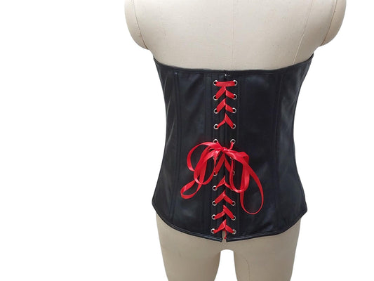 Bia—hand-crafted overbust leather corset with steel boning, full lining, and front busk. Power, structure, comfort. Black or custom colours.