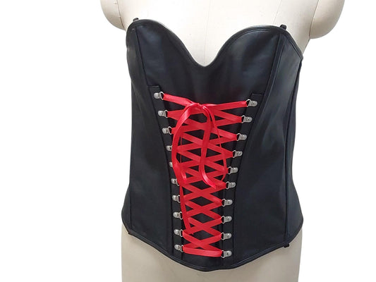 Peitho Handmade Leather Overbust Corset — Adjustable/Removable Straps, Garter Loops/Tabs, Ribbon Front (Black; Custom Colors Available)