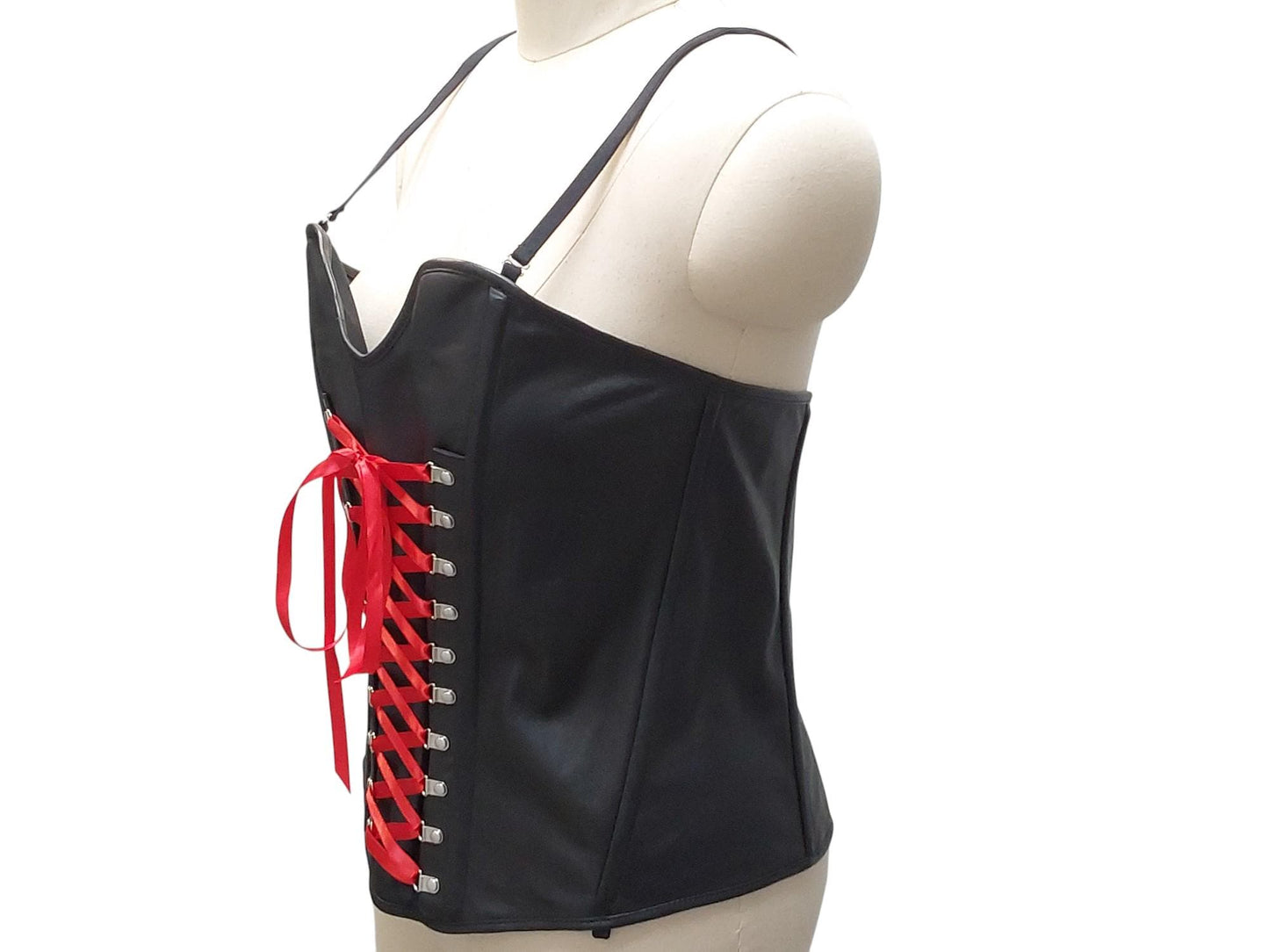 Peitho Handmade Leather Overbust Corset — Adjustable/Removable Straps, Garter Loops/Tabs, Ribbon Front (Black; Custom Colors Available)