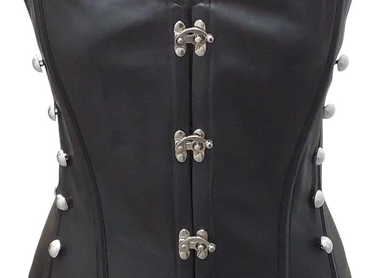 Jaya Hand-Made Leather Decorative Overbust Corset — Black with Silver Swing Locks & Buttons
