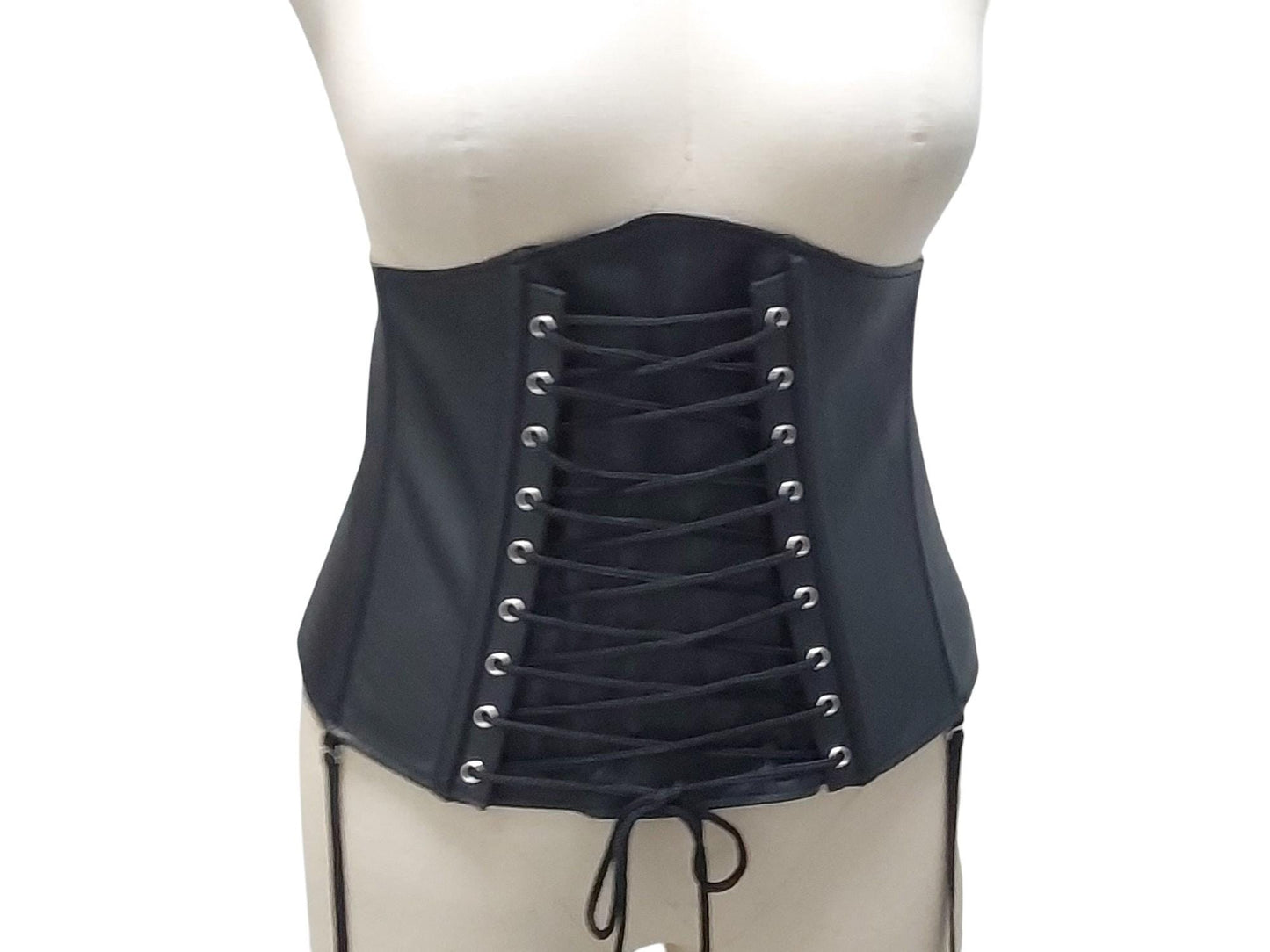 Ishtar Hand-Made Leather Basque Corset — Back Zipper, Corseted Front, Suspender Loops, Ribbon Lacing (Black; Custom Colours Available)