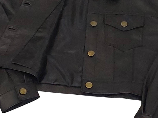 Handmade black lambskin leather jacket with brass buttons, lined for comfort, lightweight yet stylish—luxury artisan fashion built to last.