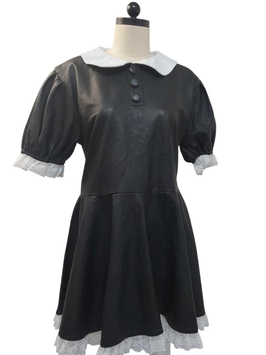 Handmade Black Lamb Leather Maids Dress – White Leather Collar, Lace Edging, Lockable Zip, Fetish Fashion, Sissy /Cosplay,Vintage Style