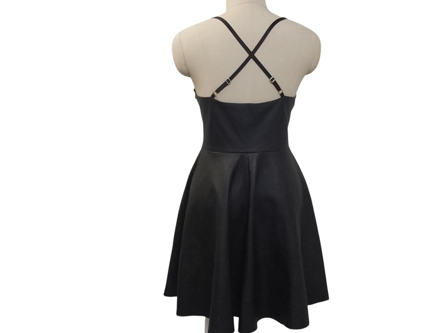 Handmade Black Lamb Leather X-Back Dress – Knee Length, Lined Bodice, Adjustable Straps