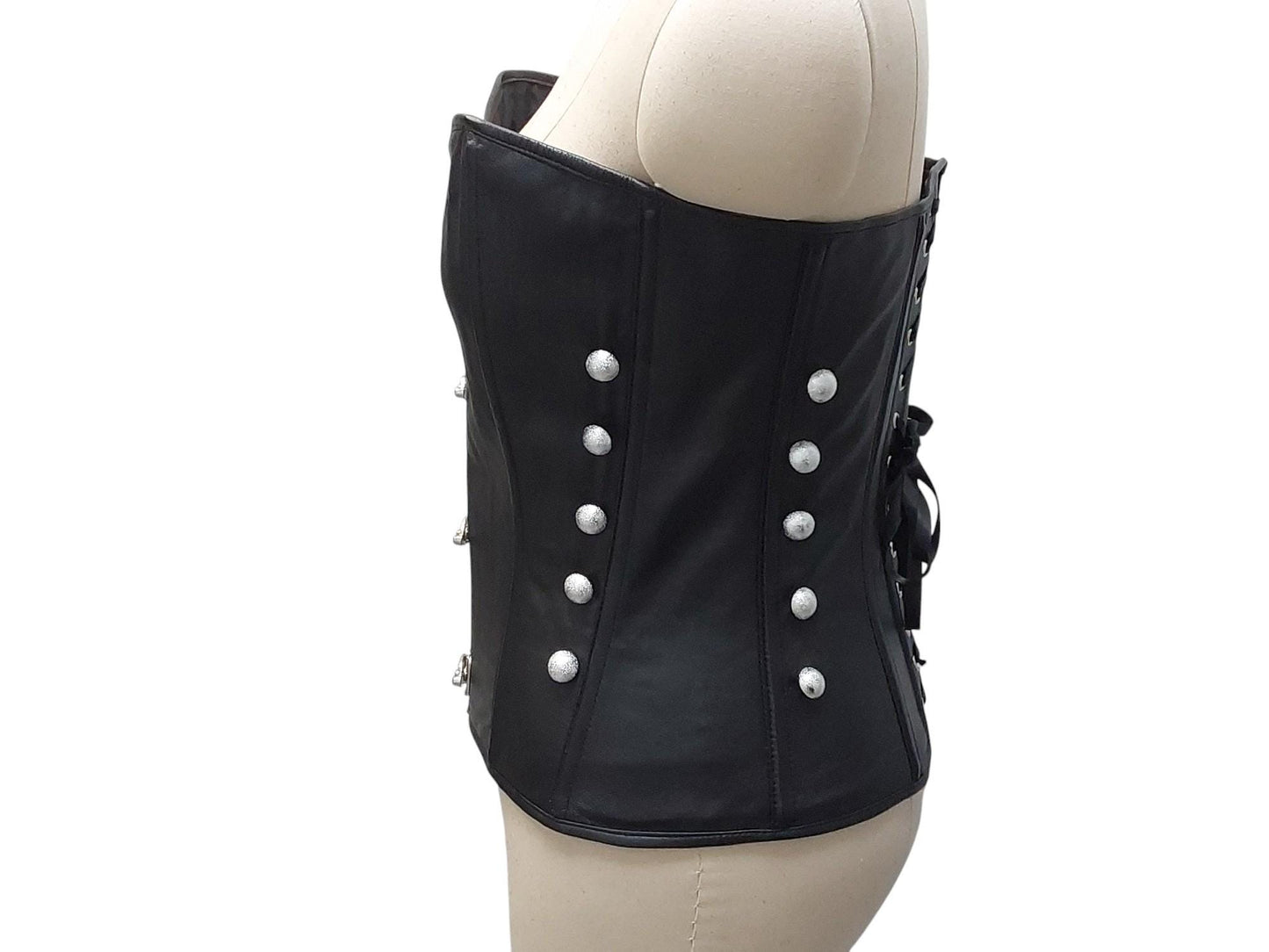 Jaya Hand-Made Leather Decorative Overbust Corset — Black with Silver Swing Locks & Buttons