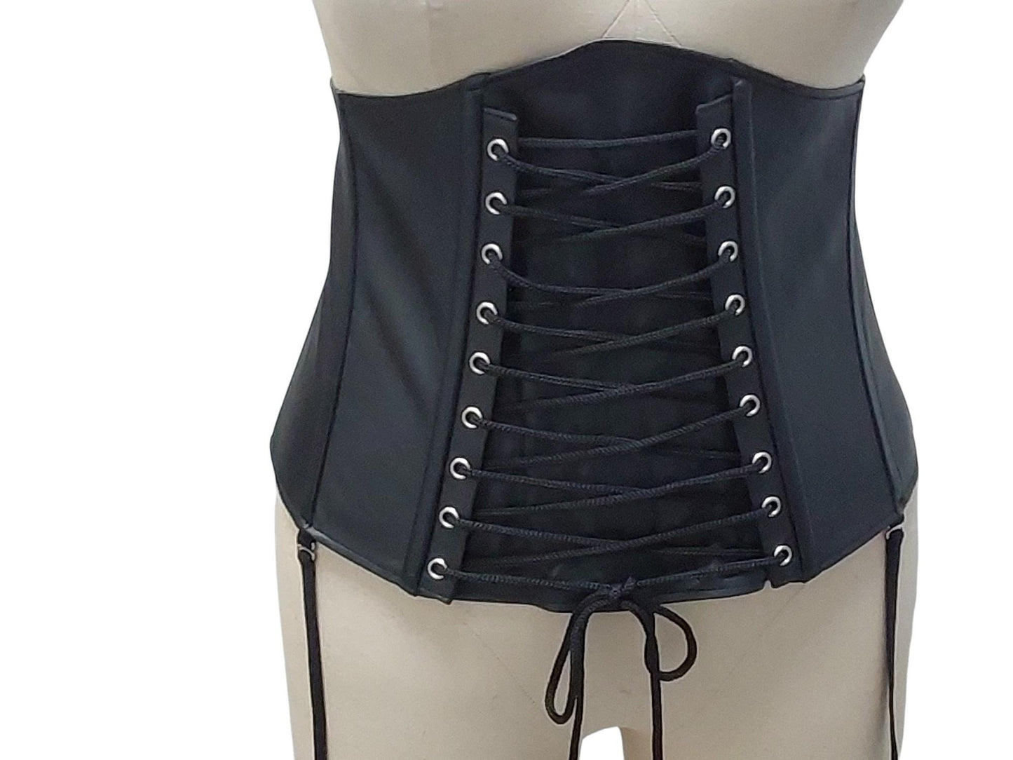 Ishtar Hand-Made Leather Basque Corset — Back Zipper, Corseted Front, Suspender Loops, Ribbon Lacing (Black; Custom Colours Available)
