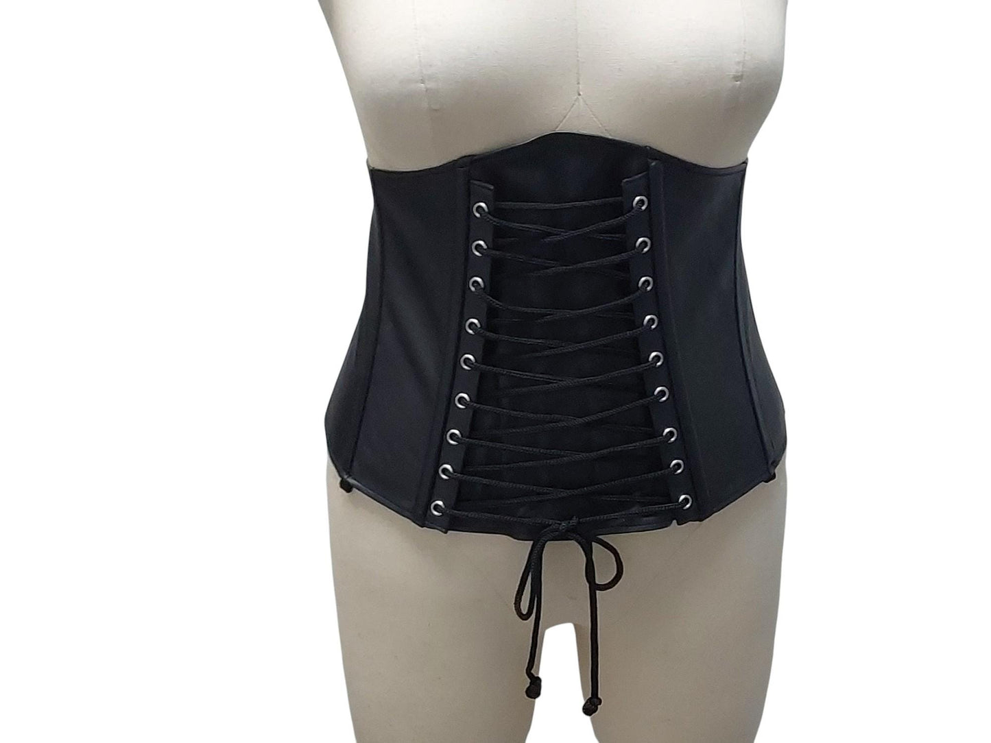 Ishtar Hand-Made Leather Basque Corset — Back Zipper, Corseted Front, Suspender Loops, Ribbon Lacing (Black; Custom Colours Available)