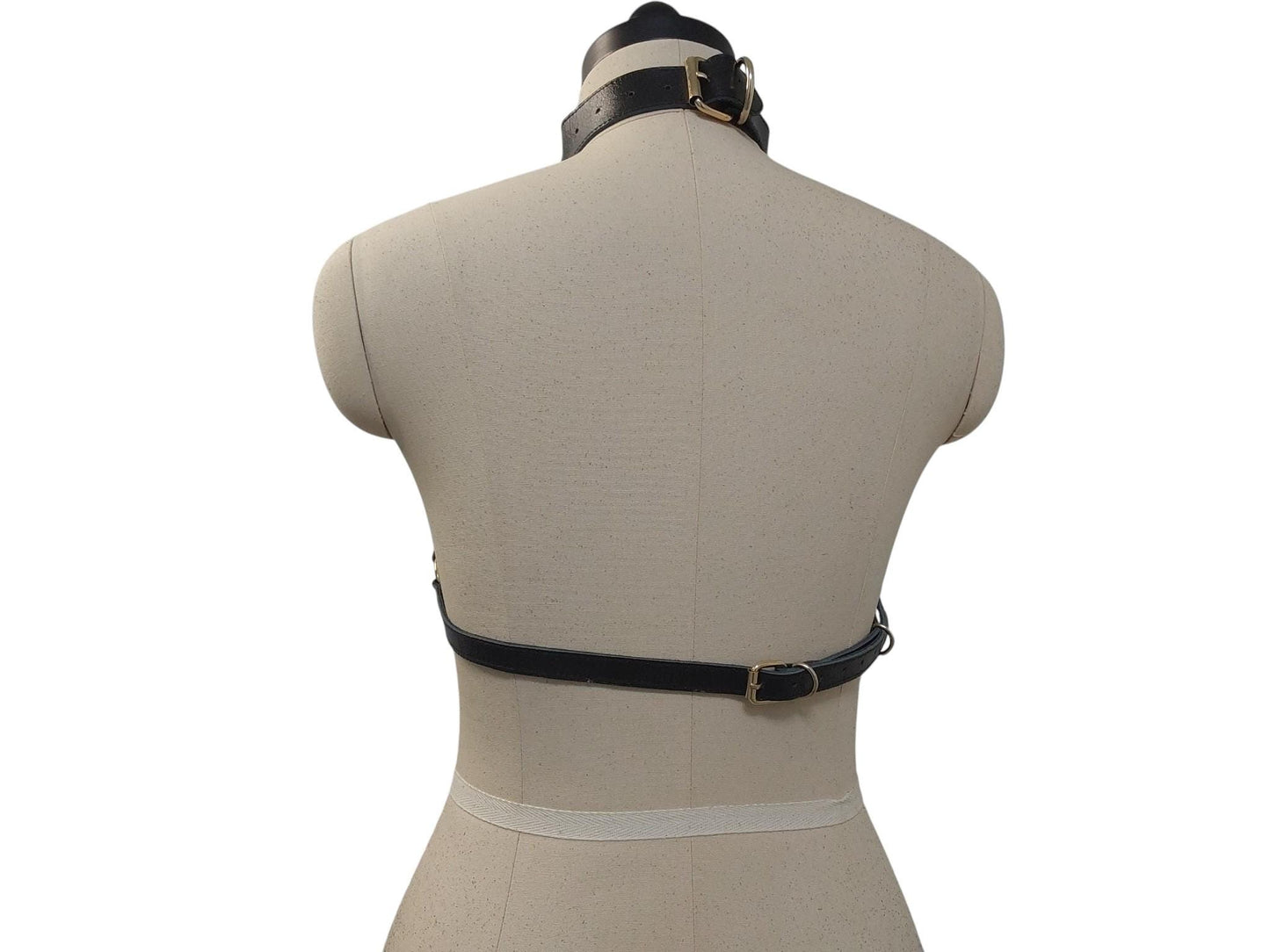 Handmade Black Leather Chain Bra Harness – Gold Chain Front, Collar & Buckle Back