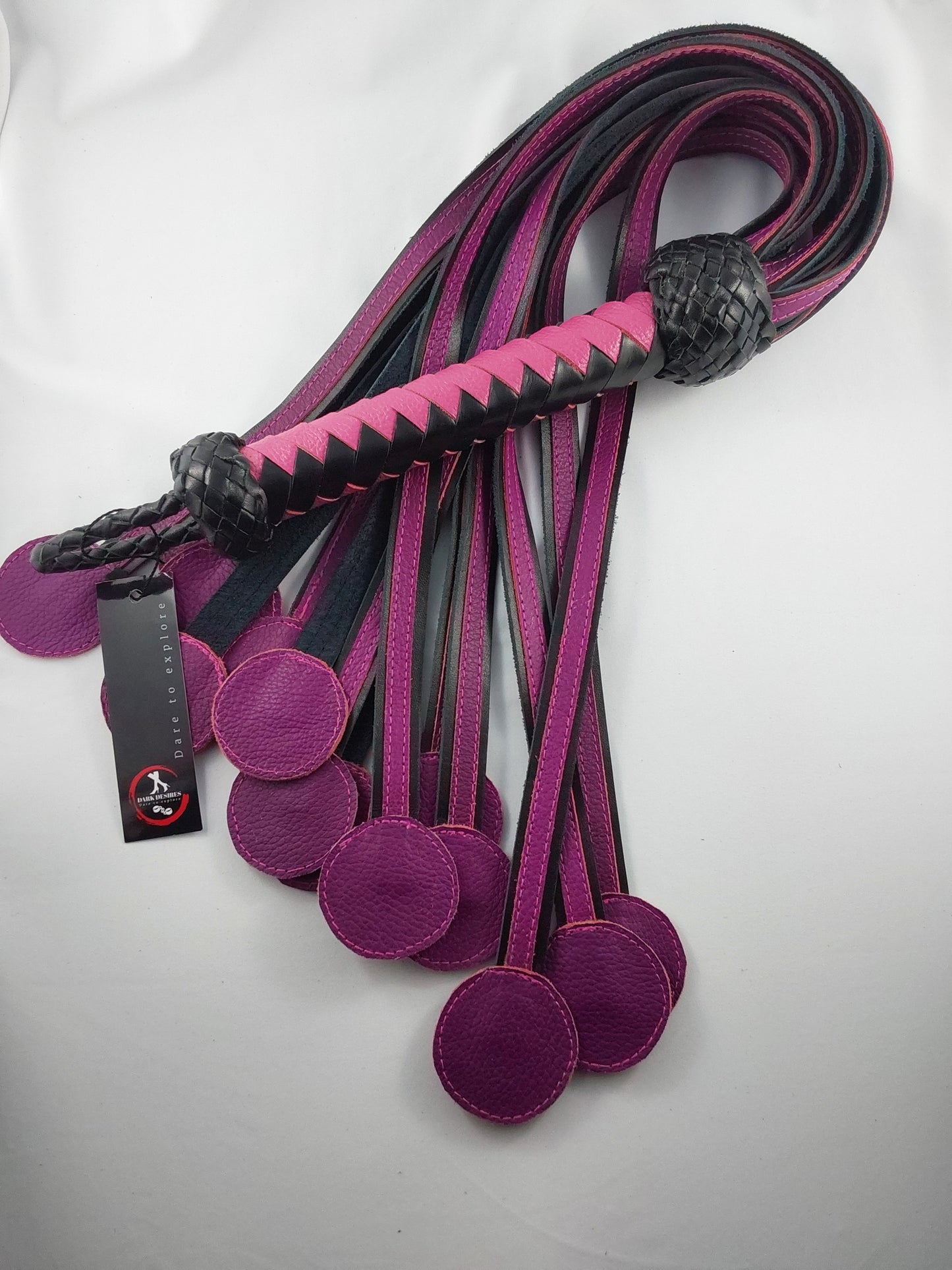 Hand Crafted Leather Donut Shaped Flogger. Handle length 20cm. Length 50cm. Woven Leather. 370g