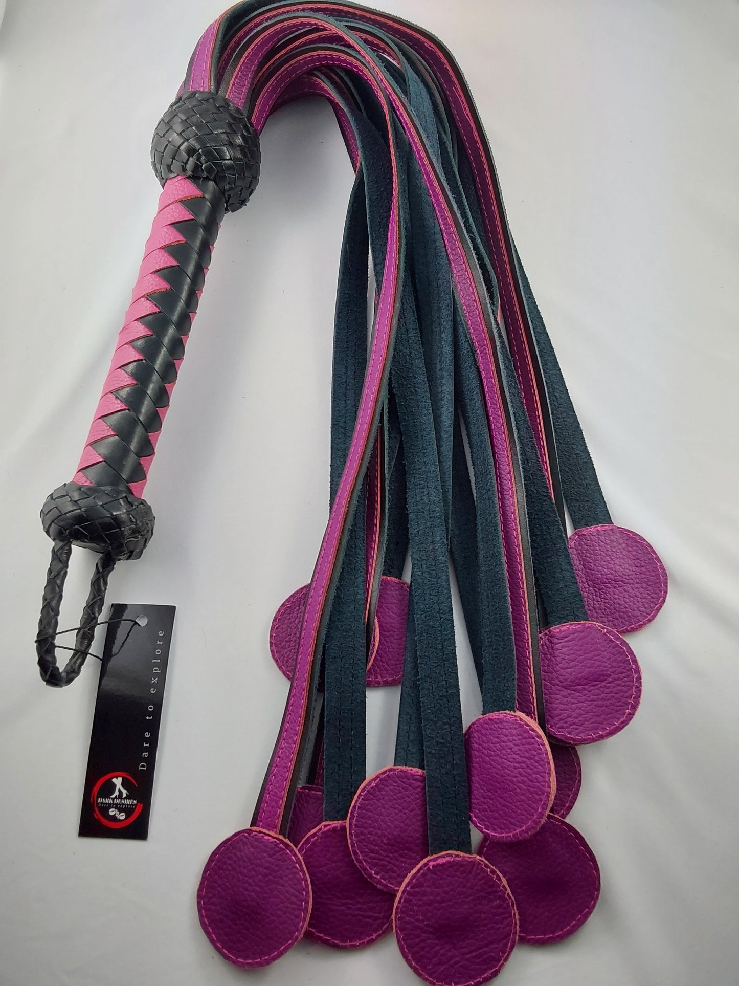 Hand Crafted Leather Donut Shaped Flogger. Handle length 20cm. Length 50cm. Woven Leather. 370g
