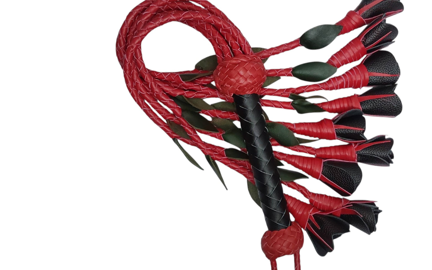 100% Leather Hand Made, Black Rose With Red Stems  Splay Floggers Single Sided, Not Stitched
