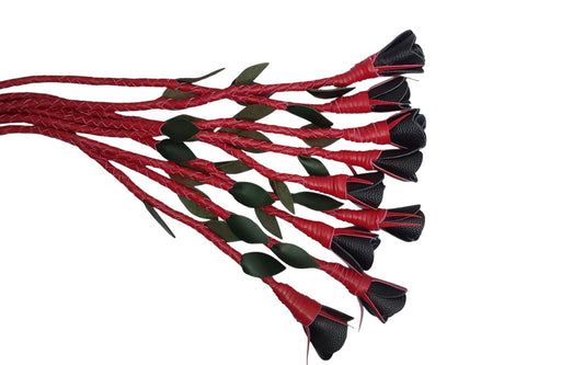 100% Leather Hand Made, Black Rose With Red Stems  Splay Floggers Single Sided, Not Stitched