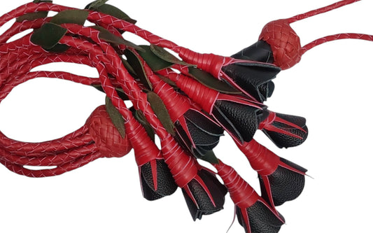 100% Leather Hand Made, Black Rose With Red Stems  Splay Floggers Single Sided, Not Stitched