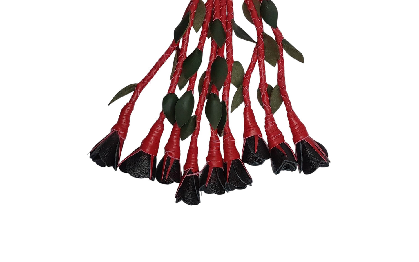 100% Leather Hand Made, Black Rose With Red Stems  Splay Floggers Single Sided, Not Stitched