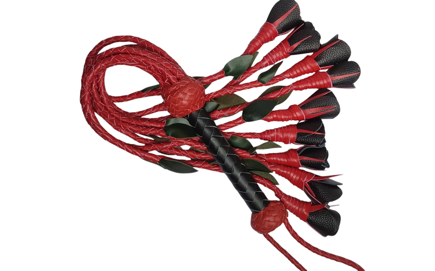 100% Leather Hand Made, Black Rose With Red Stems  Splay Floggers Single Sided, Not Stitched