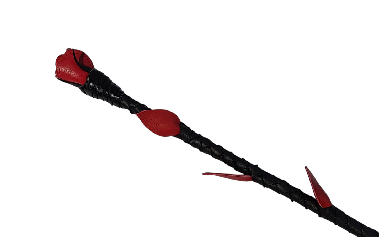 Luxury hand-made leather rose riding crop with black stem & stitched red rose. 680 mm, fiberglass core, 220 g. Perfect for BDSM play.