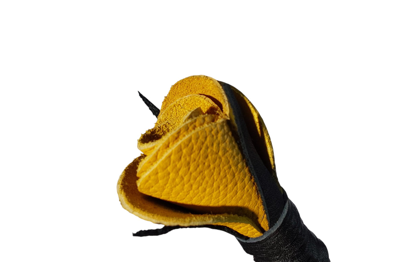 Luxury hand-made leather riding crop with black stem & yellow rose tip. 680 mm, fiberglass core, lightweight and powerful. (Unstitched)
